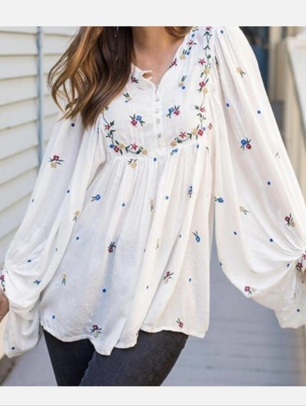 Free People Kiss From A Rose White Embroidered Boho Peasant Blouse